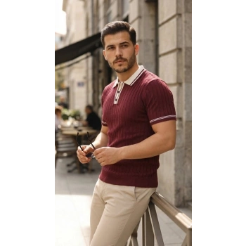 Erkek Düğme Yakalı Kontrast Yaka Triko Tişört