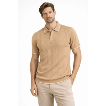 Erkek Düğmeli Yaka Triko Dokuma Tişört Desenli Yazlık Şık Günlük Triko Tişört - Kahverengi