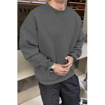 Erkek Düz Bisiklet Yaka Sweat - Füme