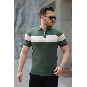 Erkek Fermuar Yakalı şerit Renk Desenli Kısa Kollu Tişört