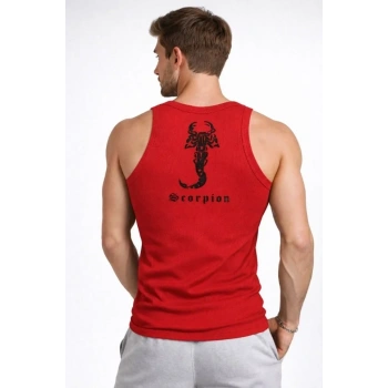 Erkek Fitilli Atlet Sıfır Yaka Slim Fit Arka Baskılı Spor Atlet - Kırmızı