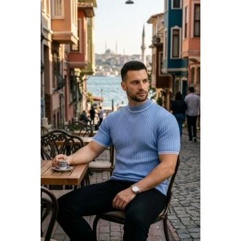 Erkek Fitilli Triko Dokuma Kısa Kol Tişört Yarım Boğaz Modern Yazlık T-Shirt - Bebe Mavisi