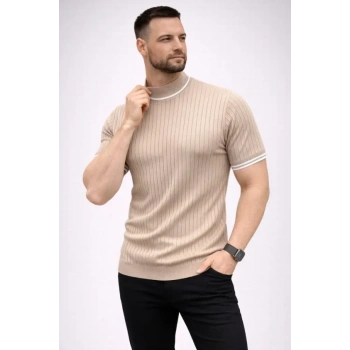 Erkek Fitilli Triko Dokuma Kısa Kol Tişört Yarım Boğaz Modern Yazlık T-Shirt - Bej