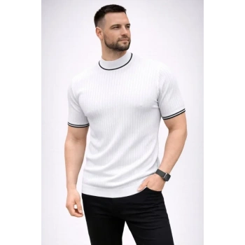 Erkek Fitilli Triko Dokuma Kısa Kol Tişört Yarım Boğaz Modern Yazlık T-Shirt - Beyaz