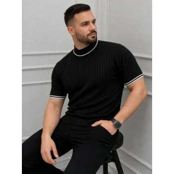 Erkek Fitilli Triko Dokuma Kısa Kol Tişört Yarım Boğaz Modern Yazlık T-Shirt - Siyah