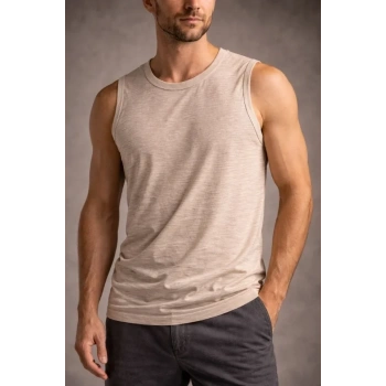 Erkek Flamlı Kumaş Sıfır Kolsuz Atlet Basic Spor Üst, Günlük Ve Fitness Kullanımına Uygun - Taş