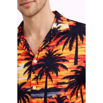 Erkek Gün Batımı Palmiye Desenli Kısa Kol Gömlek Hawaii Tarz Yazlık Rahat Kalıp - Desenli