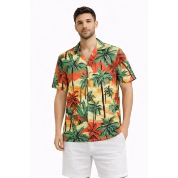 Erkek Hawaii Tarz Tropikal Palmiye Desenli Kısa Kol Gömlek Rahat Kalıp Yazlık - Desenli