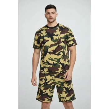 Erkek Kamuflaj Desenli Tişört Şort Takım – Regular Fit Günlük Spor 2’li Yazlık Kombin - Kamuflaj
