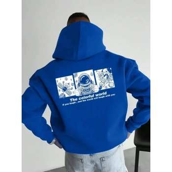 Erkek Kapüşonlu Oversize Üç İplik Pamuklu Astronot Temalı Renkli Dünya Baskılı - Saks Mavisi