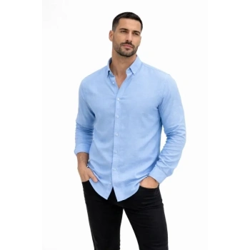 Erkek KETEN Kumaş Oversize Uzun Kollu Rahat Kalıp Gömlek - Açık Mavi