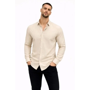 Erkek KETEN Kumaş Oversize Uzun Kollu Rahat Kalıp Gömlek - Bej