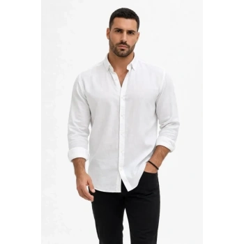 Erkek KETEN Kumaş Oversize Uzun Kollu Rahat Kalıp Gömlek - Beyaz