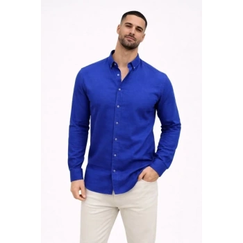 Erkek KETEN Kumaş Oversize Uzun Kollu Rahat Kalıp Gömlek - Saks Mavisi