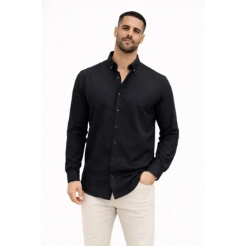 Erkek KETEN Kumaş Oversize Uzun Kollu Rahat Kalıp Gömlek - Siyah