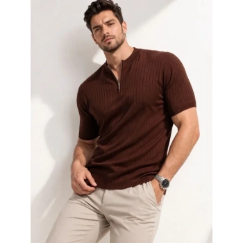 Erkek Kısa Kol Fitilli Triko T-Shirt Yazlık Hakim Yaka Tişört - Kahverengi