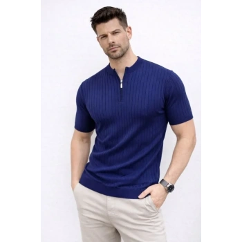 Erkek Kısa Kol Fitilli Triko T-Shirt Yazlık Hakim Yaka Tişört - Lacivert