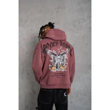 Erkek Kordon İpli Baskılı Kapüşonlu Sweatshirt - Gül Kurusu