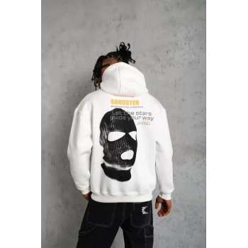 Erkek Kordonlu Maske Baskılı Kapüşonlu Sweat - Beyaz