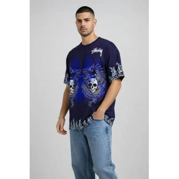 Erkek Lacivert Oversize Tişört Dragon - Kuru Kafa Baskılı Bisiklet Yaka Streetwear T-Shirt - Lacivert