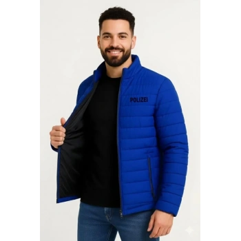 Erkek Mikro Su İtici Kapitone Baskılı Astarlı Fermuarlı Bomber Mont - Saks Mavisi