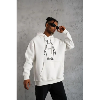 Erkek Nihilist Penguen Özel Tasarım Oversize Kapüşonlu Sweatshirt - Beyaz