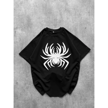 Erkek Örümcek Baskılı Tişört Kısa Kollu Bisiklet Yaka T-Shirt - Siyah