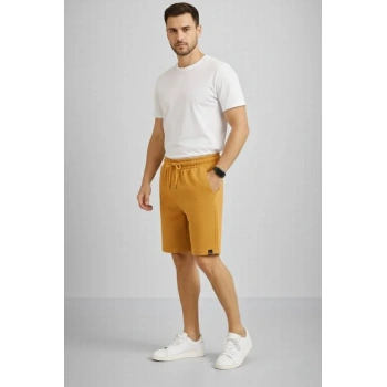 Erkek Otoban Dokuma Şort Beli Lastikli Bağcıklı, Cepli, Rahat Kesim Günlük Yazlık Şort - Hardal