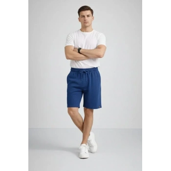 Erkek Otoban Dokuma Şort Beli Lastikli Bağcıklı, Cepli, Rahat Kesim Günlük Yazlık Şort - İndigo