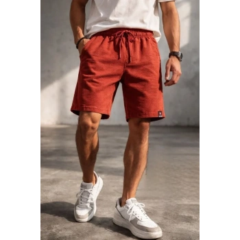 Erkek Otoban Dokuma Şort Beli Lastikli Bağcıklı, Cepli, Rahat Kesim Günlük Yazlık Şort - Turuncu
