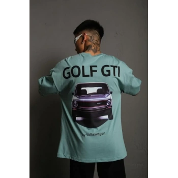 Erkek Oversize Baskılı Tişört – Golf GTI Retro Araba Desenli, Ön - Arka Dijital Baskı, Sokak Modası Stil - Mint Yeşili