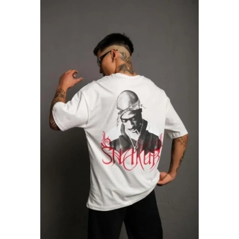 Erkek Oversize Tişört – Beyaz 24/1 Penye Kumaş, Bisiklet Yaka, Ön - Arka Baskılı, Streetwear Tarzı Rahat Büyük Kalıp T-Shirt- Beyaz