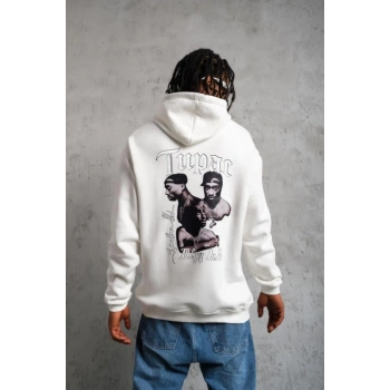 Erkek Oversize Üç İplik Kapüşonlu Sweat – Kol Ve Etek Ribana Detaylı, Ön Ve Sırt Baskılı, Kanguru Cepli Rahat Kalıp Model - Beyaz