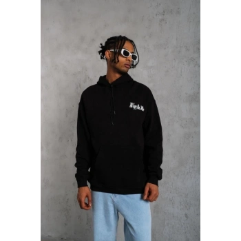 Erkek Oversize Üç İplik Kapüşonlu Sweat – Siyah Kol Ve Etek Ribana Detaylı, Ön Ve Sırt Baskılı, Kanguru Cepli Rahat Kalıp Model