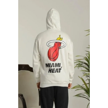 Erkek Oversize Üç İplik Kapüşonlu Sweatshirt –Sırt Ve Ön Baskılı, Kanguru Cepli, Rahat Kalıp Maskot Desenli Model - Siyah Beyaz