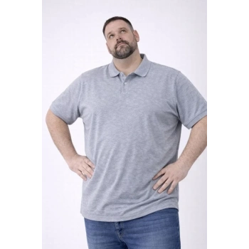 Erkek Pike Kumaş Düğmeli Yaka Battal Büyük Beden Günlük Kısa Kol Tişört T-shirt - Gri