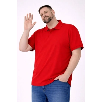 Erkek Pike Kumaş Düğmeli Yaka Battal Büyük Beden Günlük Kısa Kol Tişört T-shirt - Kırmızı