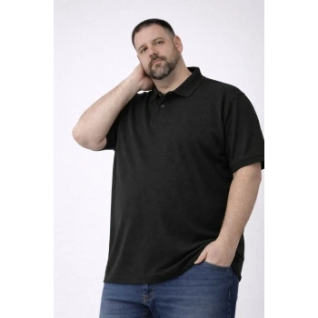 Erkek Pike Kumaş Düğmeli Yaka Battal Büyük Beden Günlük Kısa Kol Tişört T-shirt - Siyah