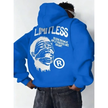 Erkek Premium Baskılı Kapşonlu Sweatshirt Üç İplik İçi Pamuklu Kanguru Cepli - Saks Mavisi