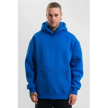 Erkek Saks Mavi Double Oversize 3 İplik Pamuklu Kapüşonlu Kanguru Cepli Sweatshirt Hoodie - Saks Mavi