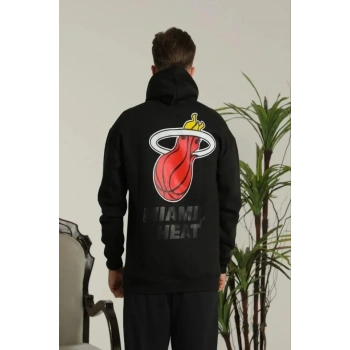 Erkek Sırt Baskılı Oversize Üç İplik Kapüşonlu Sweatshirt - Siyah