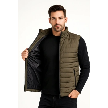 Erkek Şişme Fermuarlı Yelek Su Itici Kapitone Astarlı Kumaş Cepli Hafif Kışlık Spor Rahat Kalıp - Haki