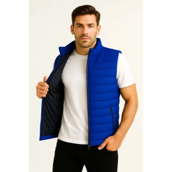 Erkek Şişme Fermuarlı Yelek Su Itici Kapitone Astarlı Kumaş Cepli Hafif Kışlık Spor Rahat Kalıp - Saks Mavisi
