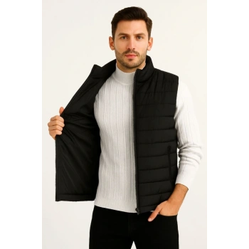 Erkek Şişme Fermuarlı Yelek Su Itici Kapitone Astarlı Kumaş Cepli Hafif Kışlık Spor Rahat Kalıp - Siyah