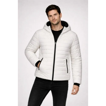 Erkek Şişme Kapüşonlu Fermuarlı Mont Su Itici Kapitone Astarlı Kumaş Cepli Kışlık Rahat Kalıp - Krem