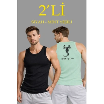 Erkek Spor Fitilli Atlet 2li Set Siyah Ve Mint Yeşili Slim Fit Kaşkorse Arka Baskılı Spor Atlet