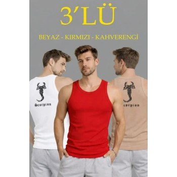 Erkek Spor Fitilli Atlet 3lü Set Beyaz, Kırmızı Ve Kahverengi Slim Fit Kaşkorse Arka Baskılı Spor Atlet