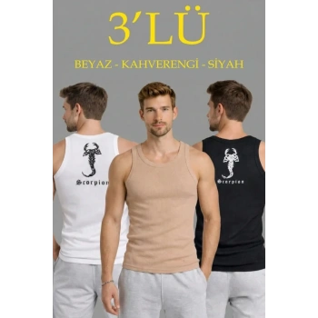 Erkek Spor Fitilli Atlet 3lü Set Beyaz, Siyah Ve Kahverengi Slim Fit Kaşkorse Arka Baskılı Spor Atlet