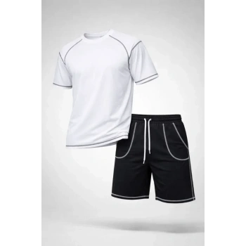 Erkek Spor Tişört Şort Takım Kontrast Dikiş Detaylı Ovarsize Rahat Kalıp - Beyaz