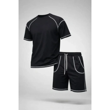 Erkek Spor Tişört Şort Takım Kontrast Dikiş Detaylı Ovarsize Rahat Kalıp - Siyah